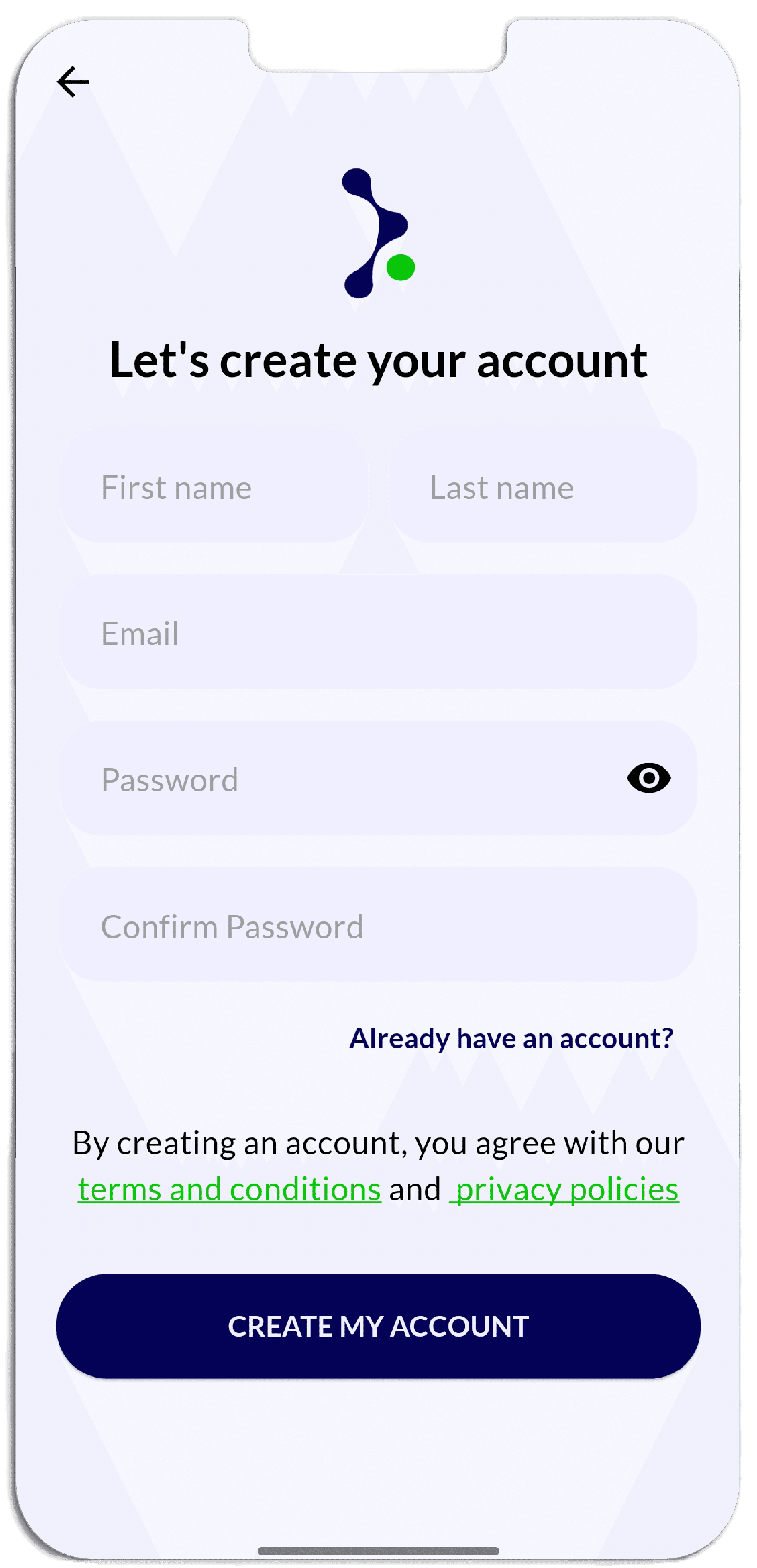 Login page of the mobile app